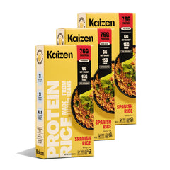Kaizen Spanish Rice packaging 3-pack showcasing gluten-free, high-protein convenience.