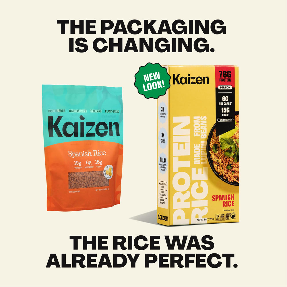 Kaizen Spanish Rice protein-plate highlighting 19g protein per serving.