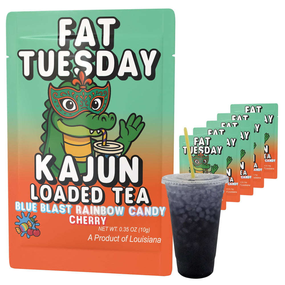 Kajun Loaded Tea Fat Tuesday blue blast flavor in bottle delivers bold energy boost