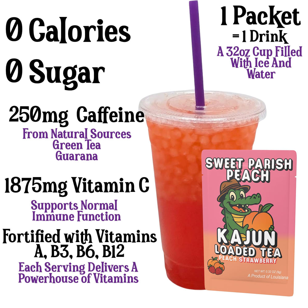 Kajun Loaded Tea fruit flavor close-up highlighting peach and strawberry aroma.