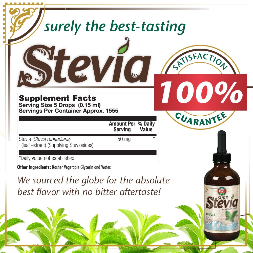 KAL Sure Stevia Extract bottle close-up shows clean labeling and plant-based sweetness.