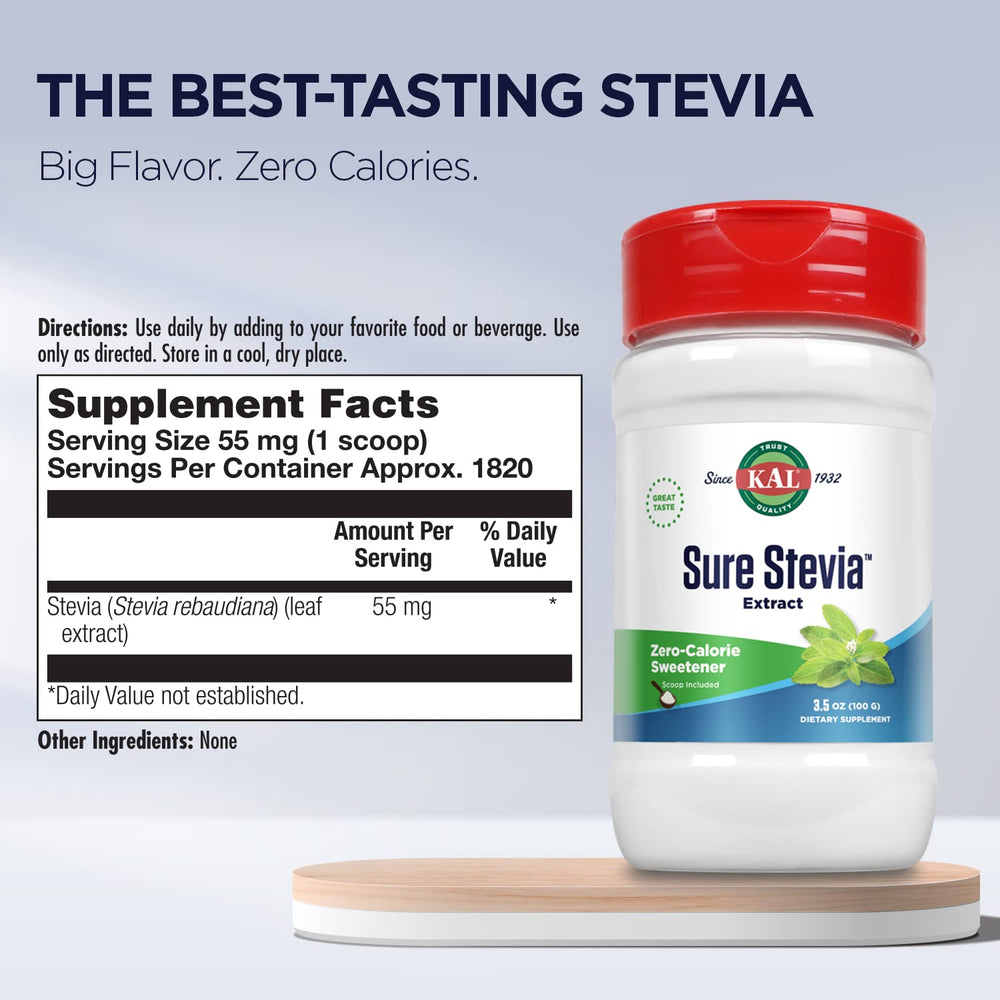 KAL Sure Stevia powder in a coffee cup for sugar-free flavor.