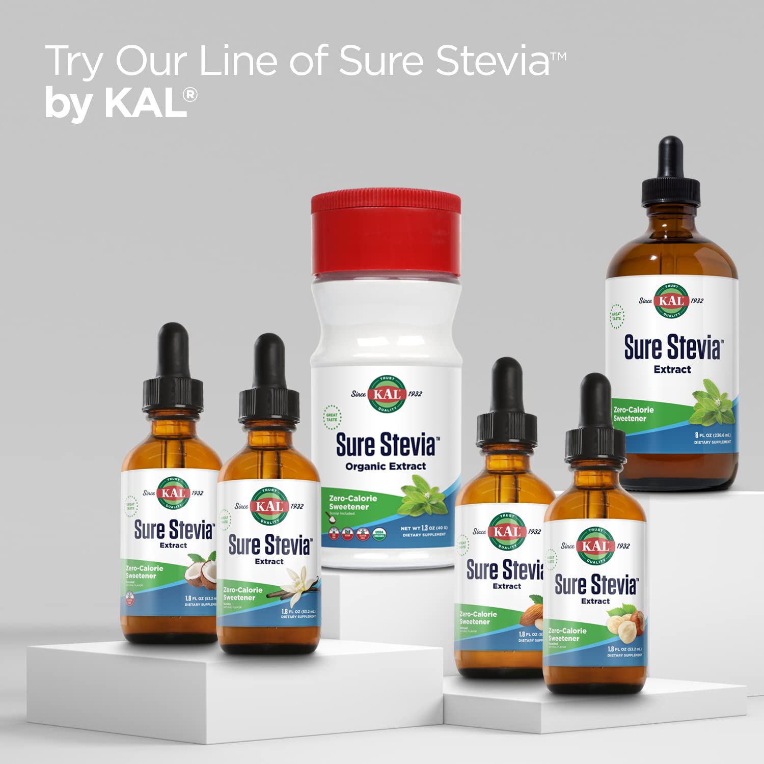 KAL Sure Stevia powder icon highlights low glycemic sweetness for keto.