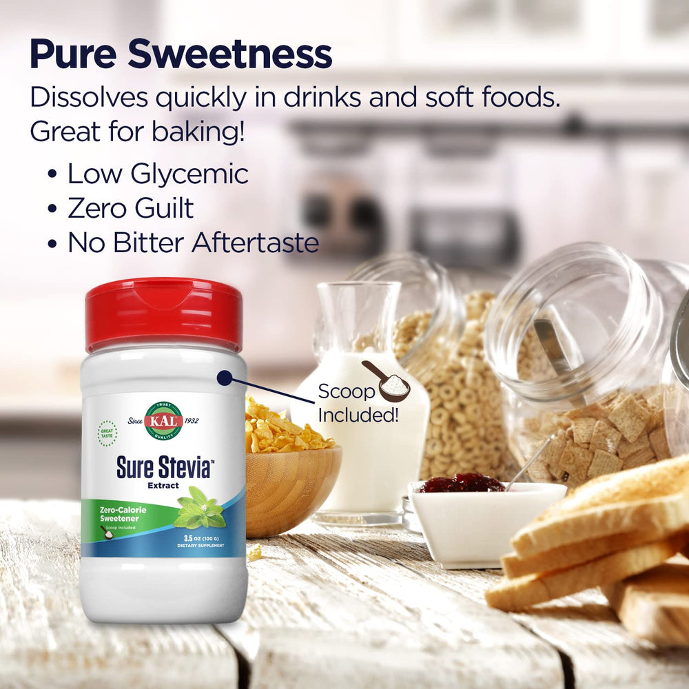 KAL Sure Stevia powder dissolves quickly in tea for smooth sweetness.