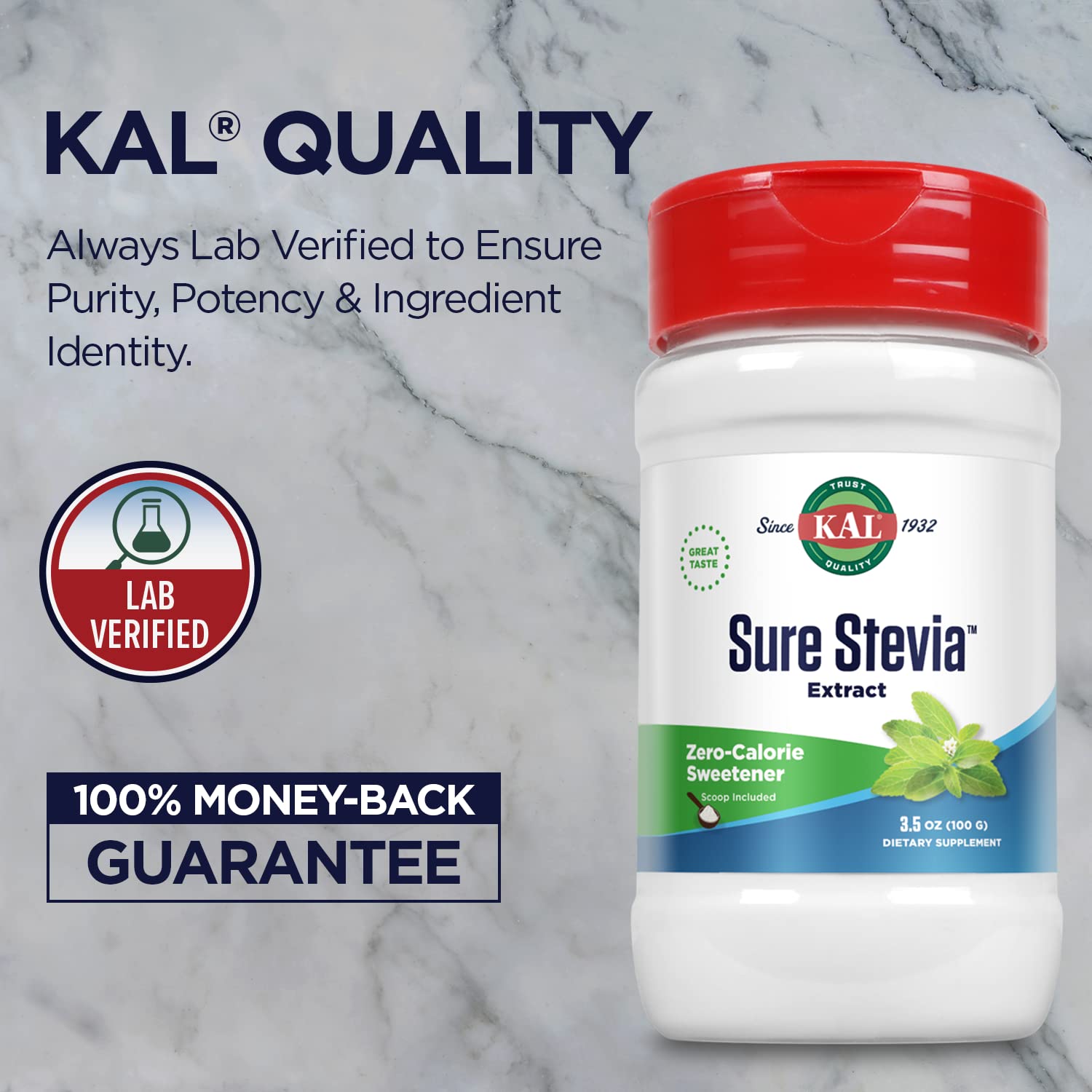 KAL Sure Stevia powder shows zero calories on the package label.