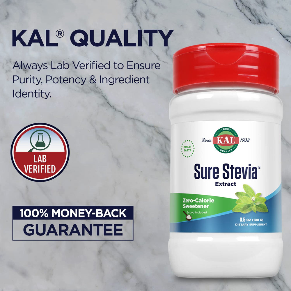 KAL Sure Stevia powder shows zero calories on the package label.