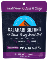 Kalahari Biltong packaging close-up, savory snack on the go