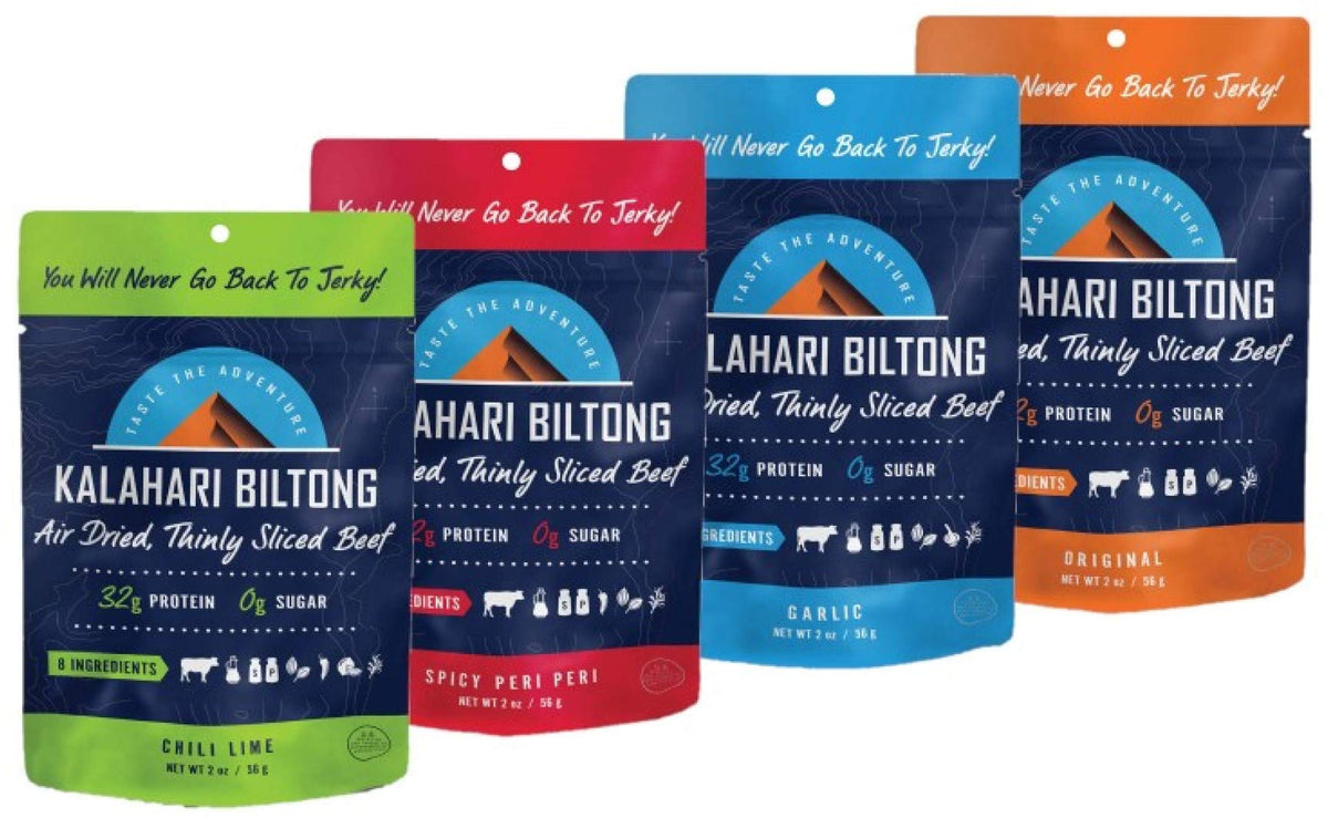 Kalahari Biltong variety pack bags ready for on-the-go snacking, keto-friendly and protein-rich.