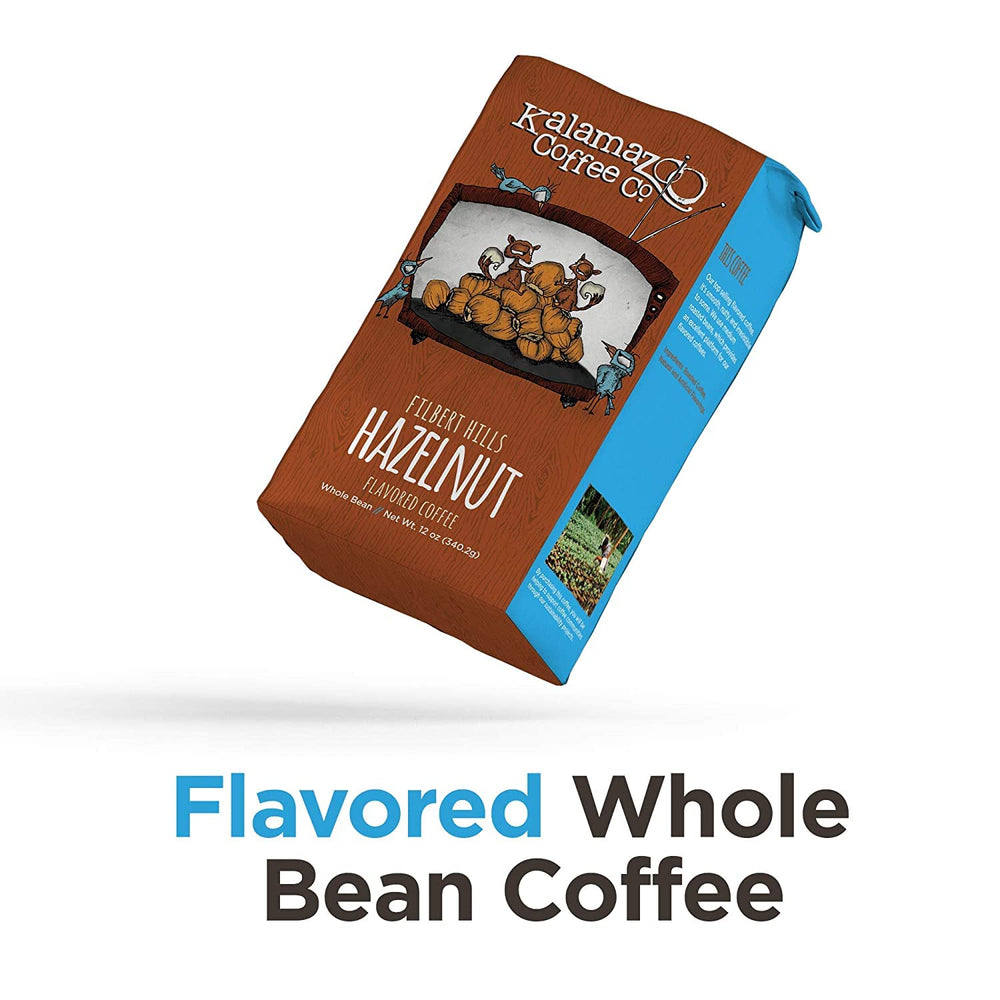 Kalamazoo Hazelnut beans closeup showing rich aroma for brewing.