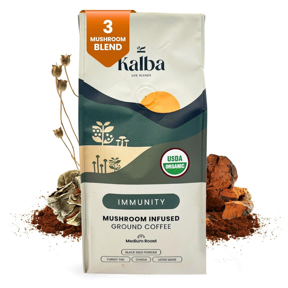 Kalba organic mushroom coffee grounds in a bag open for a smooth morning cup
