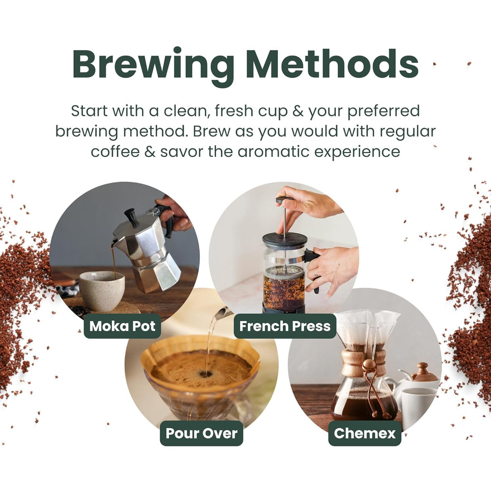Kalba organic mushroom coffee grounds caffeine content cue for steady energy