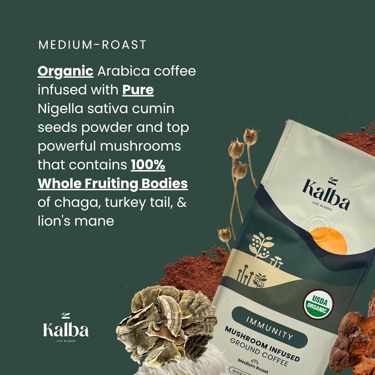 Kalba organic mushroom coffee grounds ingredients lionmane-chaga-turkeytail-nigella for flavor