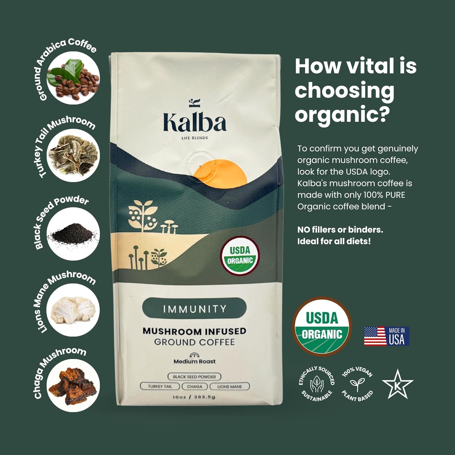 Kalba organic mushroom coffee grounds steaming mug with rich aroma and depth