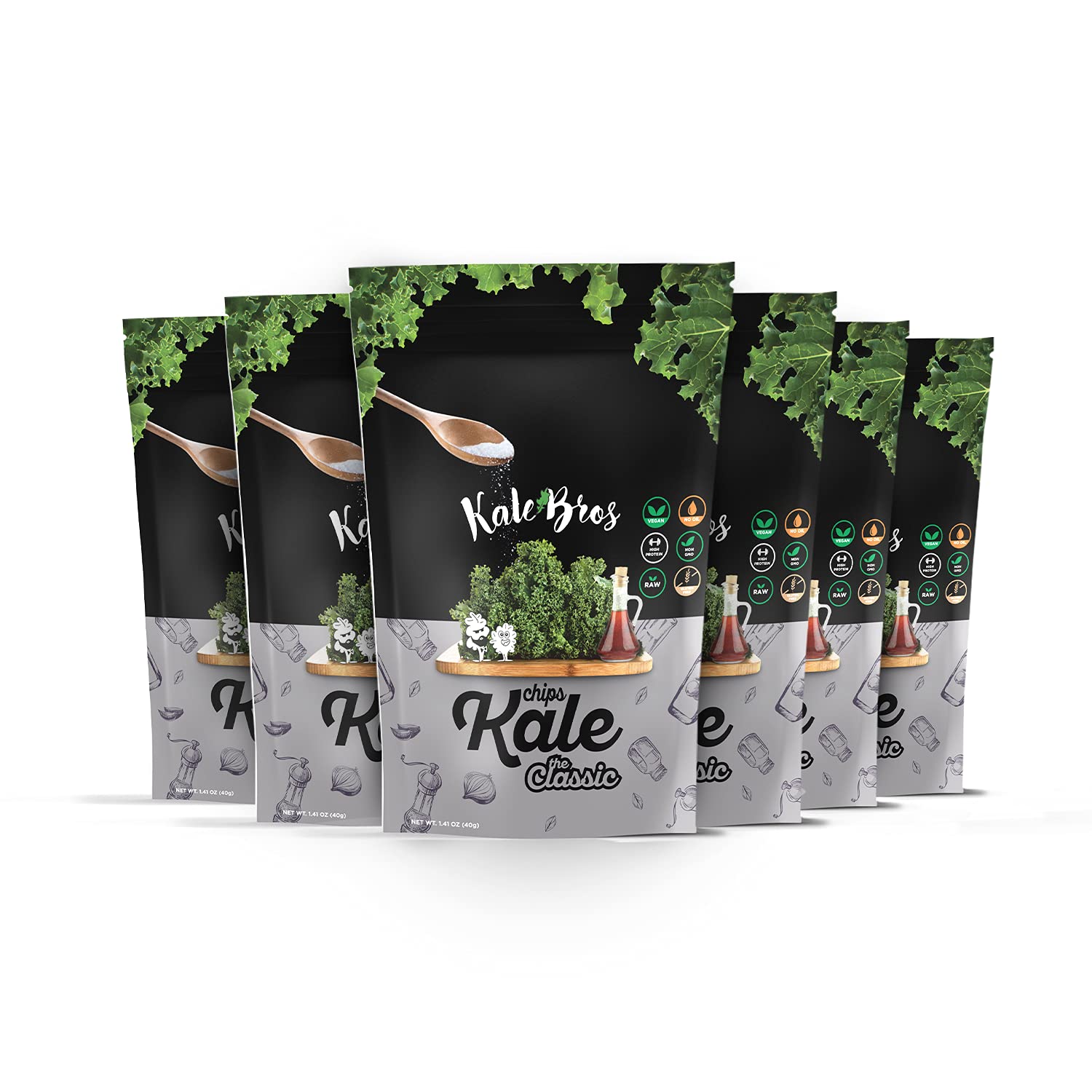 Kale Bros Classic Pack-6 front view showing vibrant kale chips for guilt-free snacking.