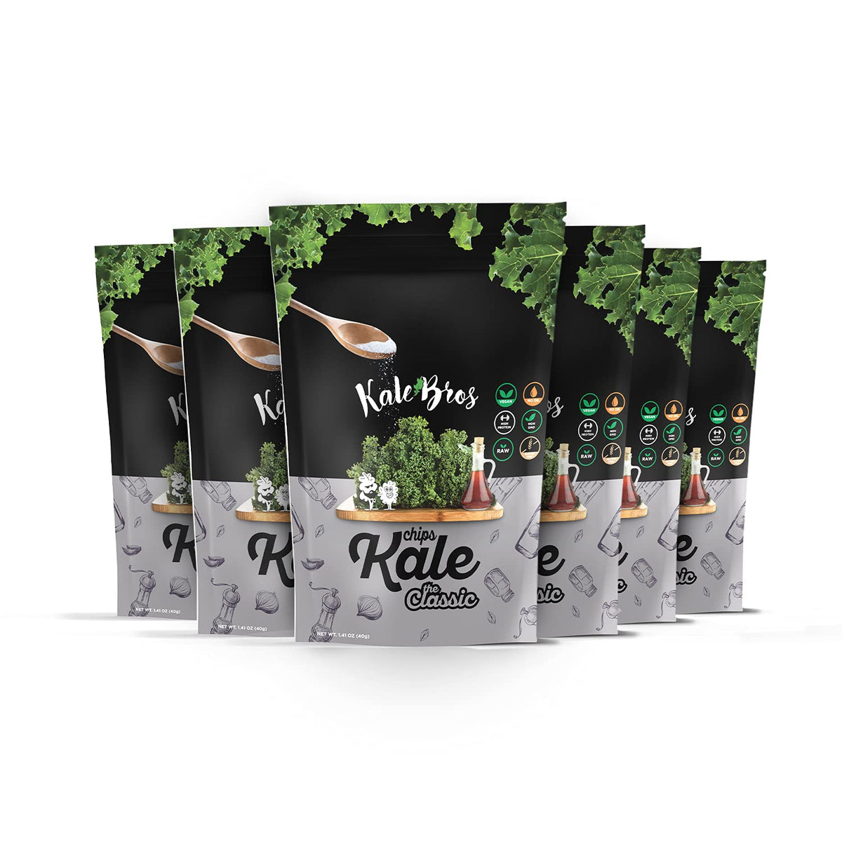 Kale Bros Classic Pack-6 front view showing vibrant kale chips for guilt-free snacking.