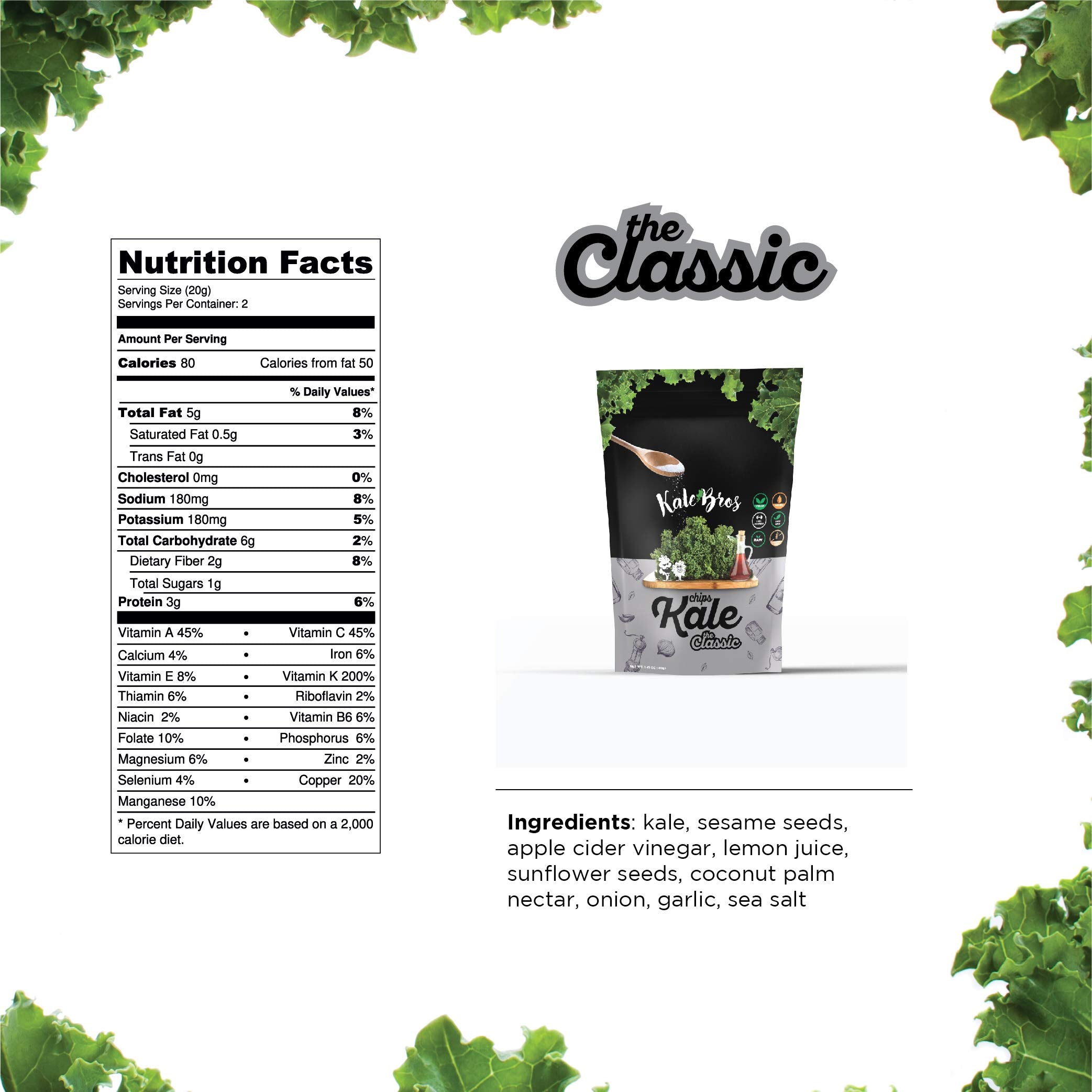 Kale Bros Classic Pack-6 snack plate with crunchy kale chips ready to enjoy.