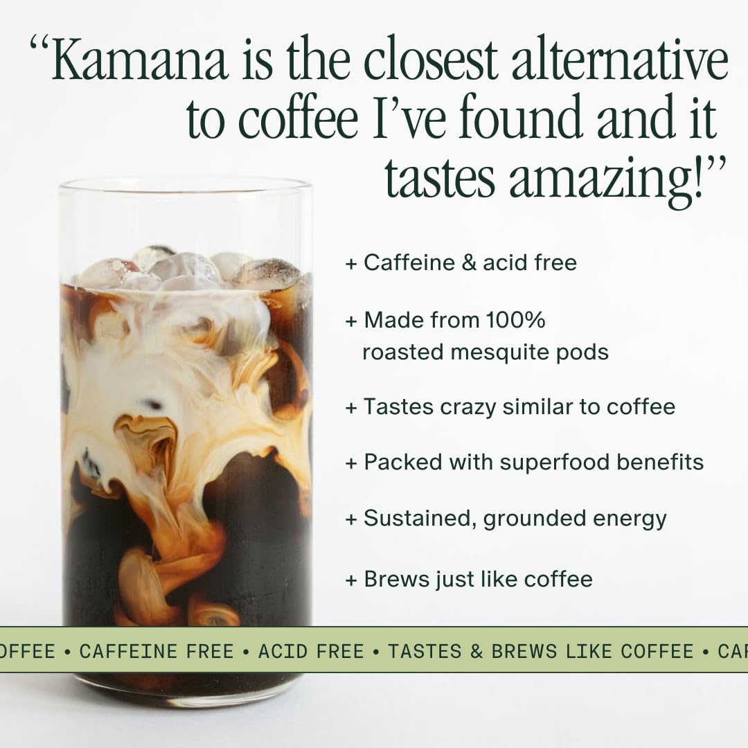 Kamana mesquite coffee alternative scoop in mug with steam