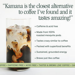 Kamana mesquite coffee alternative scoop in mug with steam