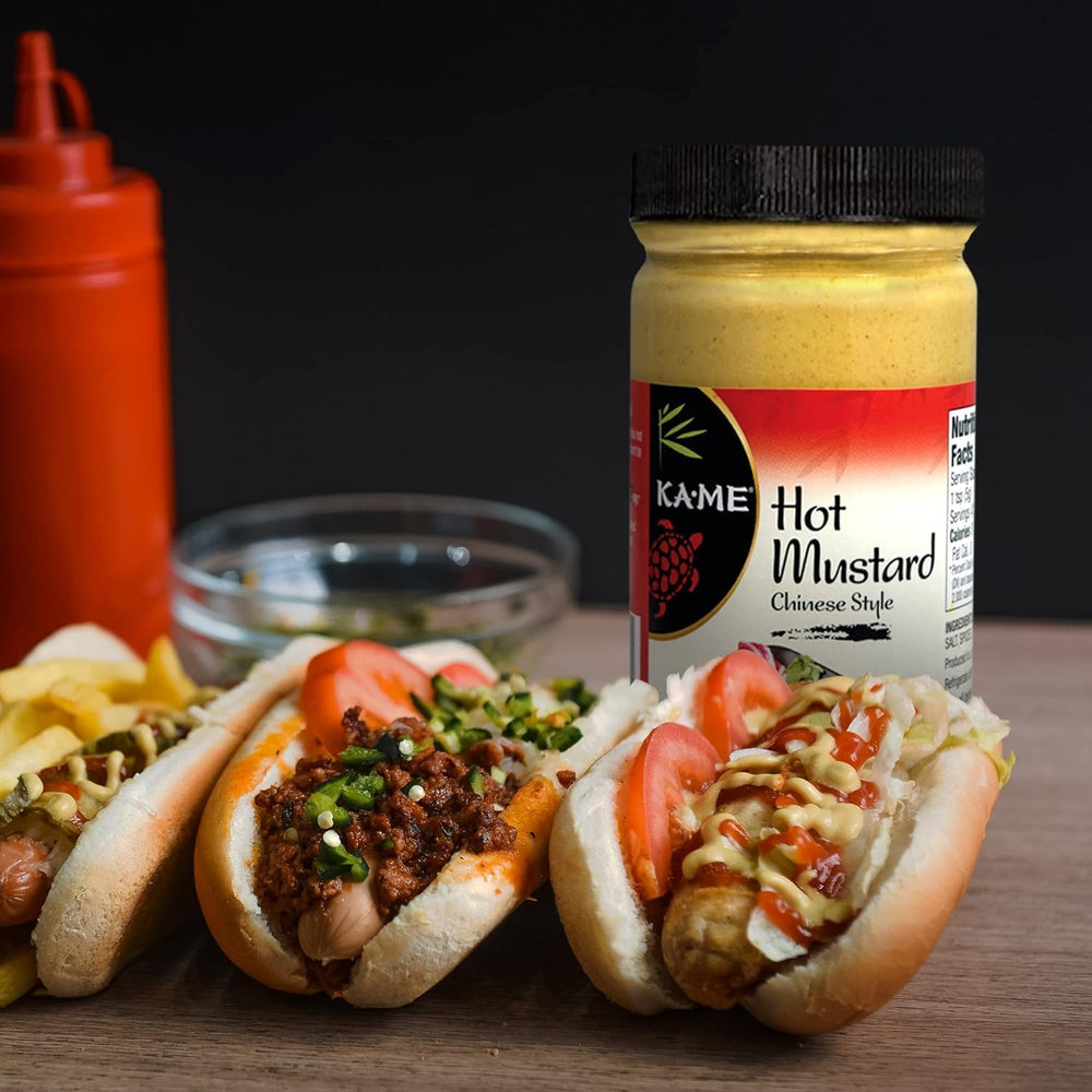 KA-ME Ka'me Hot Peppered Mustard beside beef hot pot dish