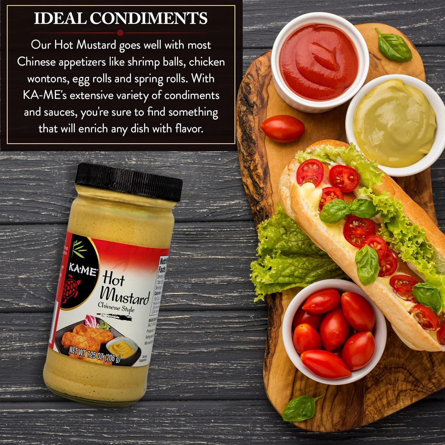 KA-ME Ka'me Hot Peppered Mustard with egg rolls for bold pairing