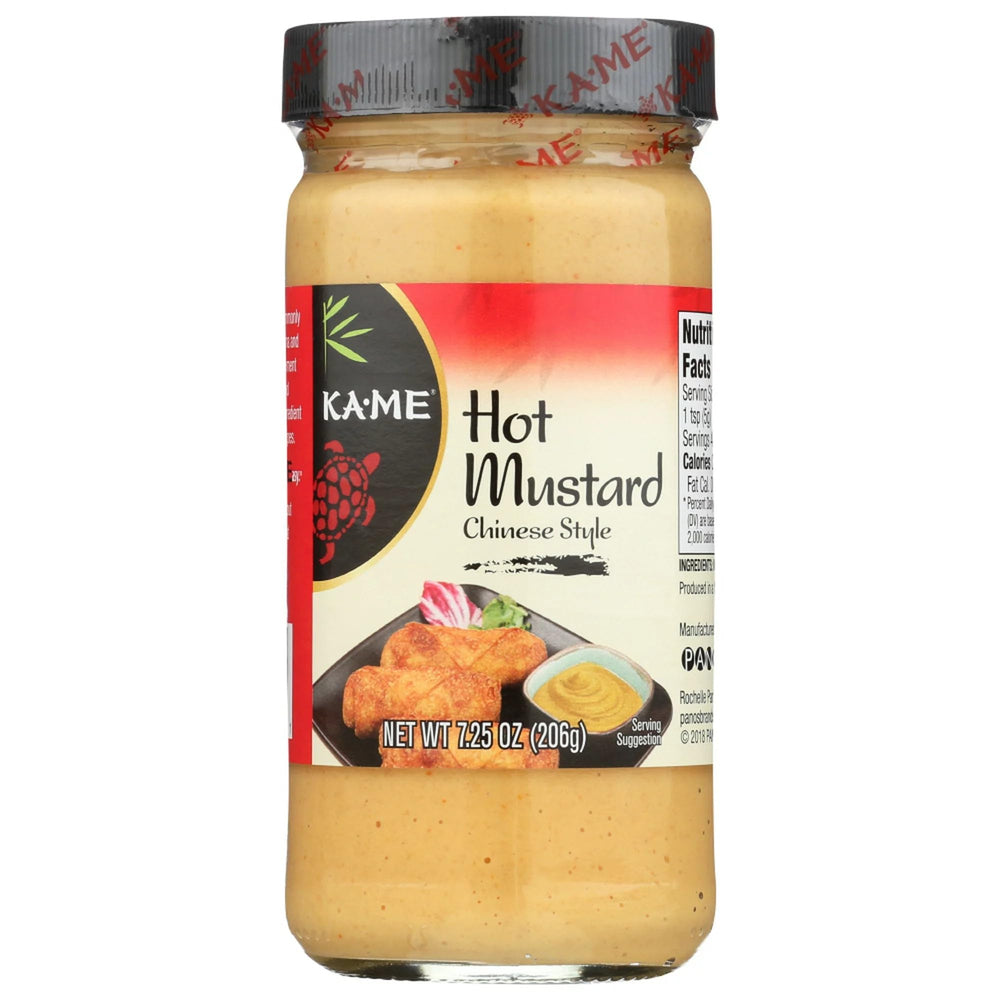 KA-ME Ka'me Hot Peppered Mustard bottle on table for bold dipping
