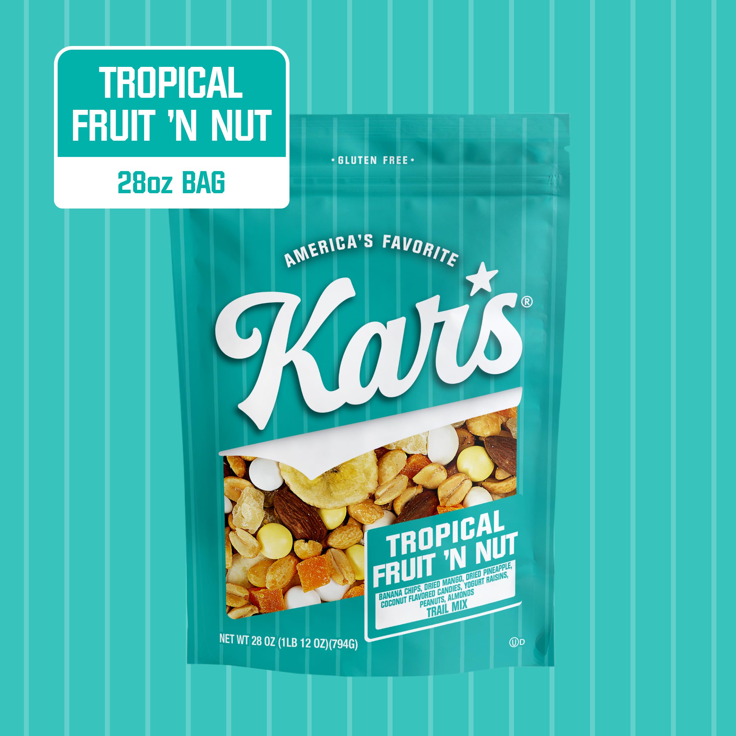 Kar's Tropical Fruit 'N Nut Trail Mix banana, mango, pineapple and yogurt raisins visible.