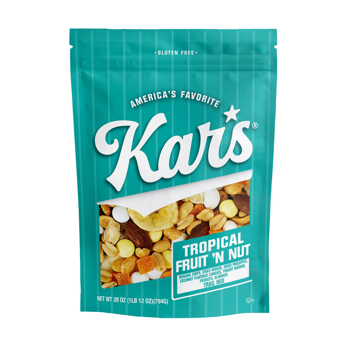 Kar's Tropical Fruit 'N Nut Trail Mix contents closeup for on-the-go snacking.