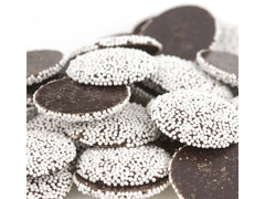 Kargher nonpareils dark chocolate candy close-up, glossy chocolate with sugar pearls, ideal for desserts and gifting.