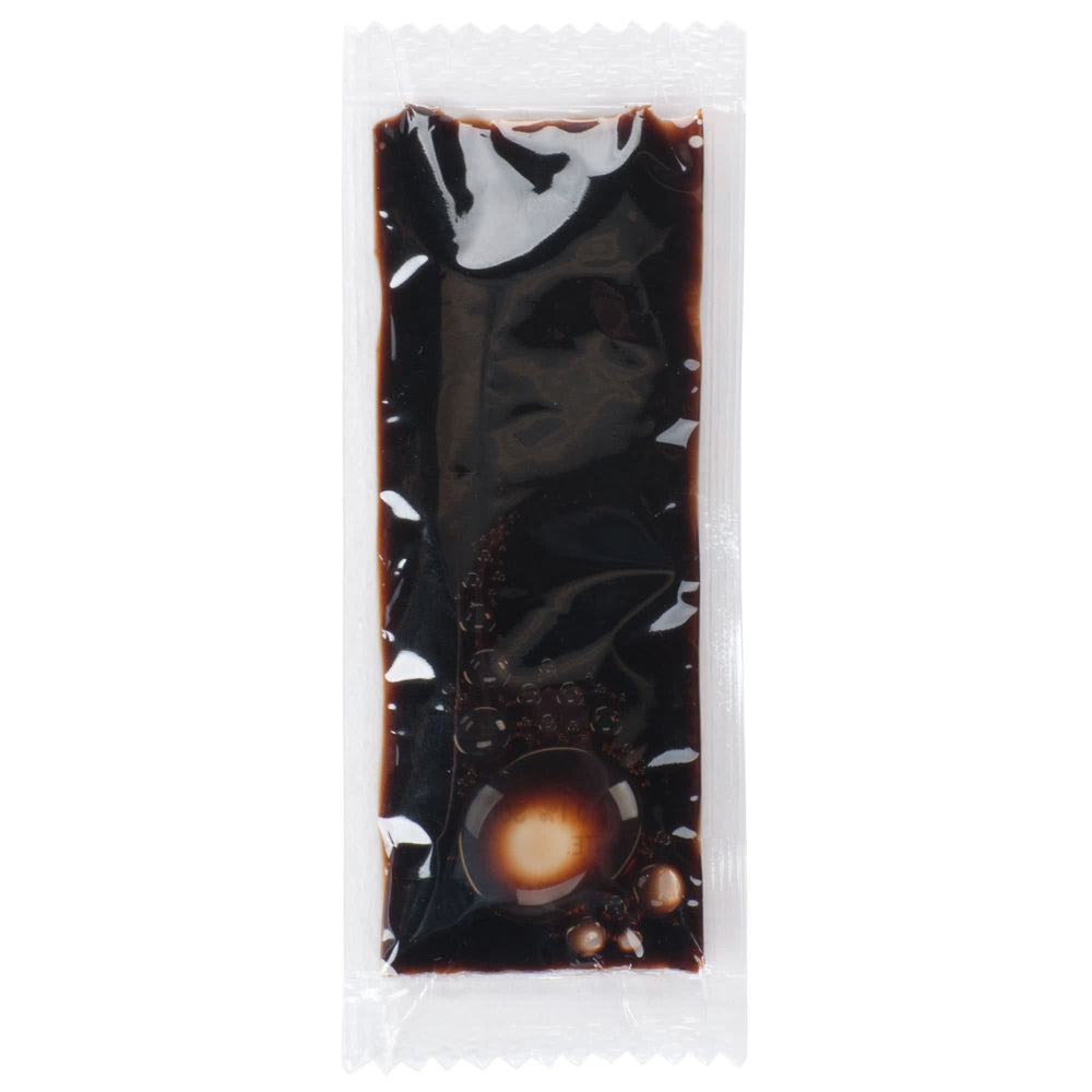 Kari-Out Co soy sauce packets closeup highlights fermented aroma and smooth texture.