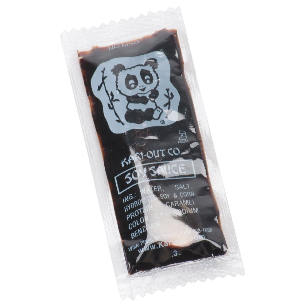 Kari-Out Co soy sauce packets side view show compact, portable flavor enhancer.