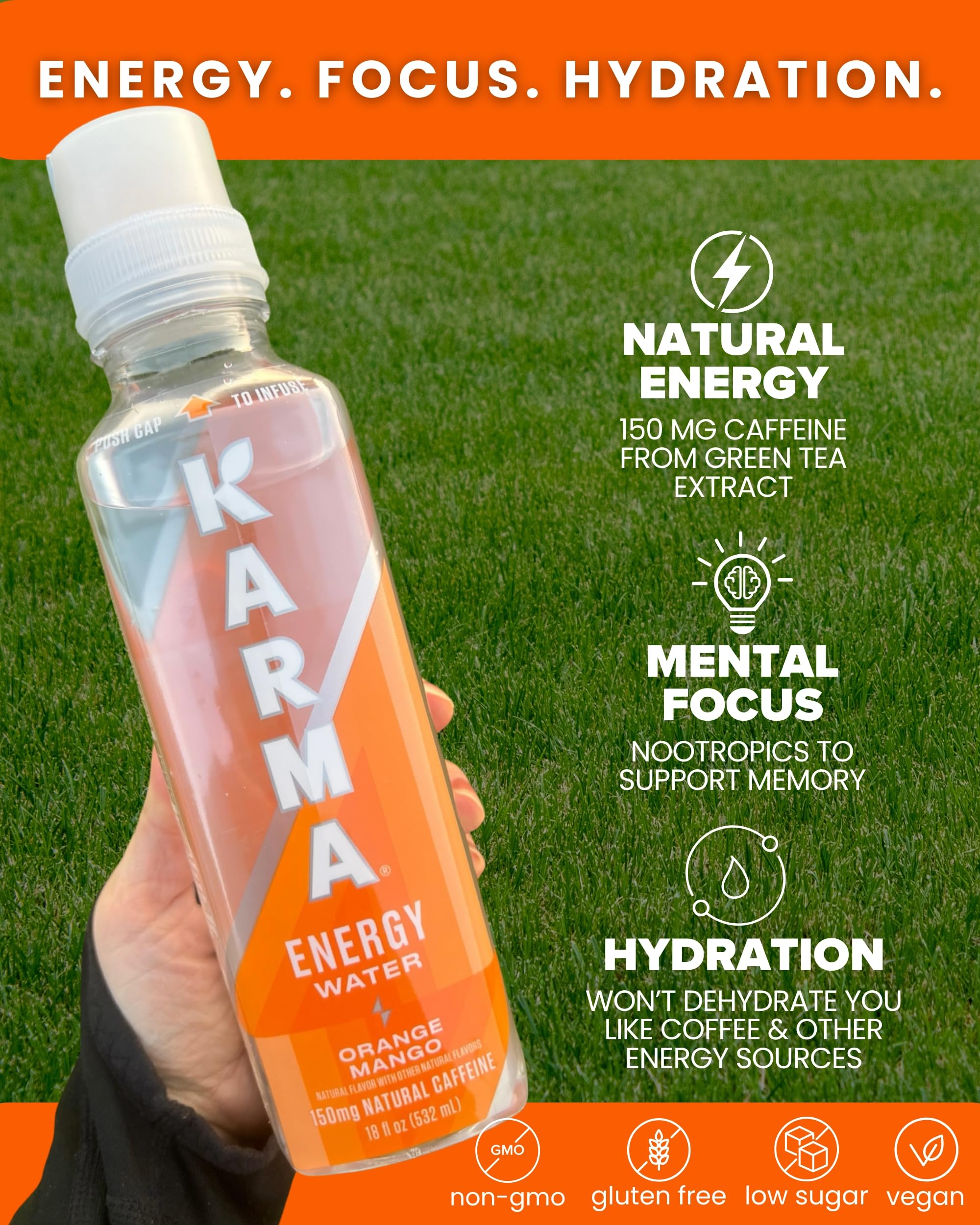 Karma Energy Drink green tea caffeine icon signals clean energy.