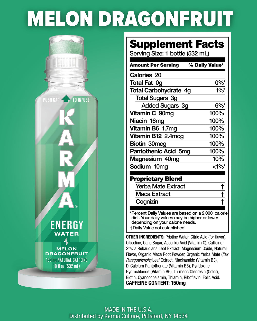 Karma Energy Drink Melon Dragonfruit bottle side profile in sleek packaging