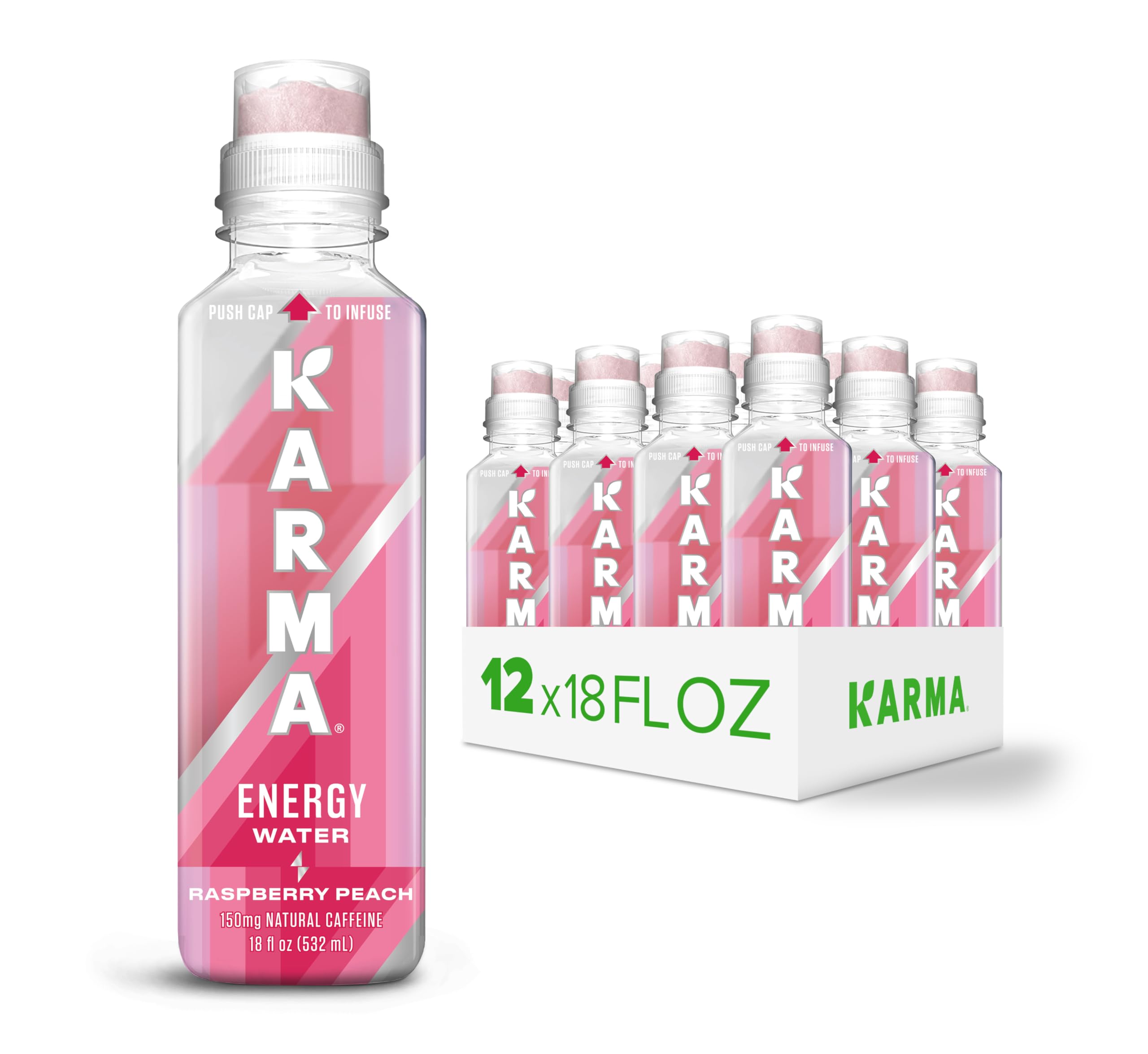 Karma Energy Drink Raspberry Peach bottle on desk for a refreshing pick-me-up
