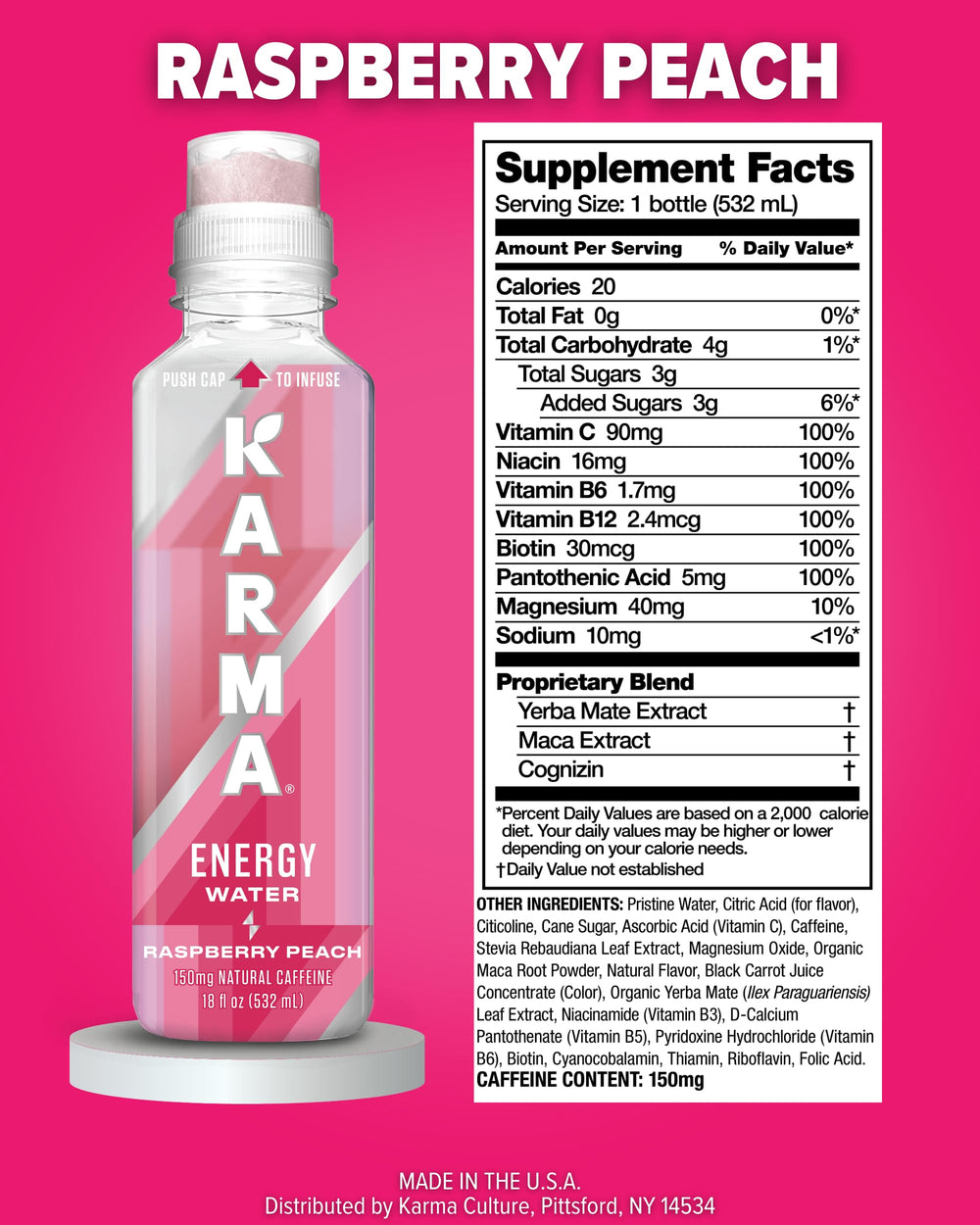 Karma Energy Drink Raspberry Peach 12-pack display for gym or office breaks