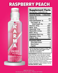 Karma Energy Drink Raspberry Peach 12-pack display for gym or office breaks