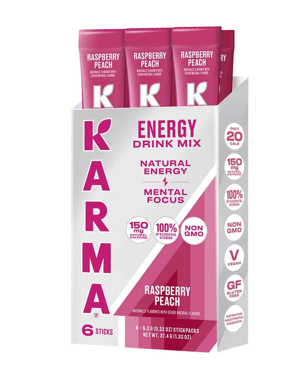 Karma Energy Packets Raspberry Peach dissolving in water for a refreshing lift