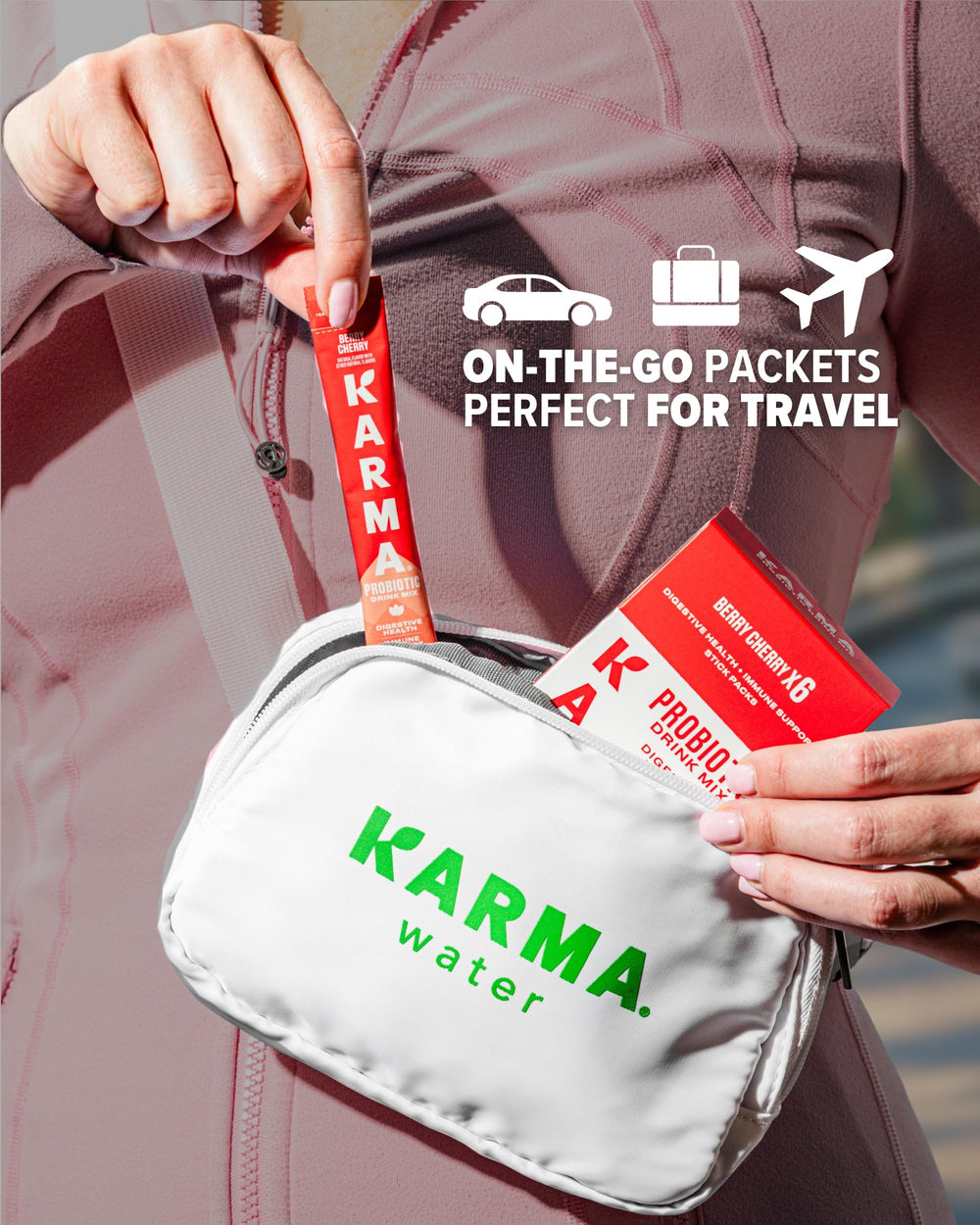 Karma Probiotic Hydration Stick showcases 2 billion BC30 probiotics for balance.