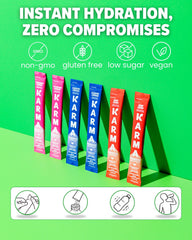 Six-pack Karma hydration sticks in travel-friendly packaging