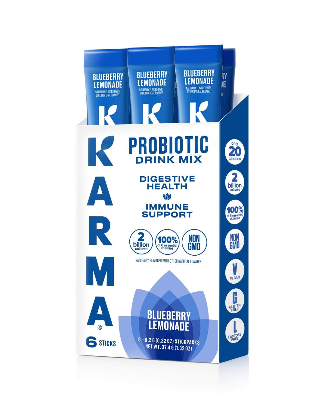 Karma Probiotic Hydration Stick Blueberry Lemonade dissolving in a glass to support daily gut balance.