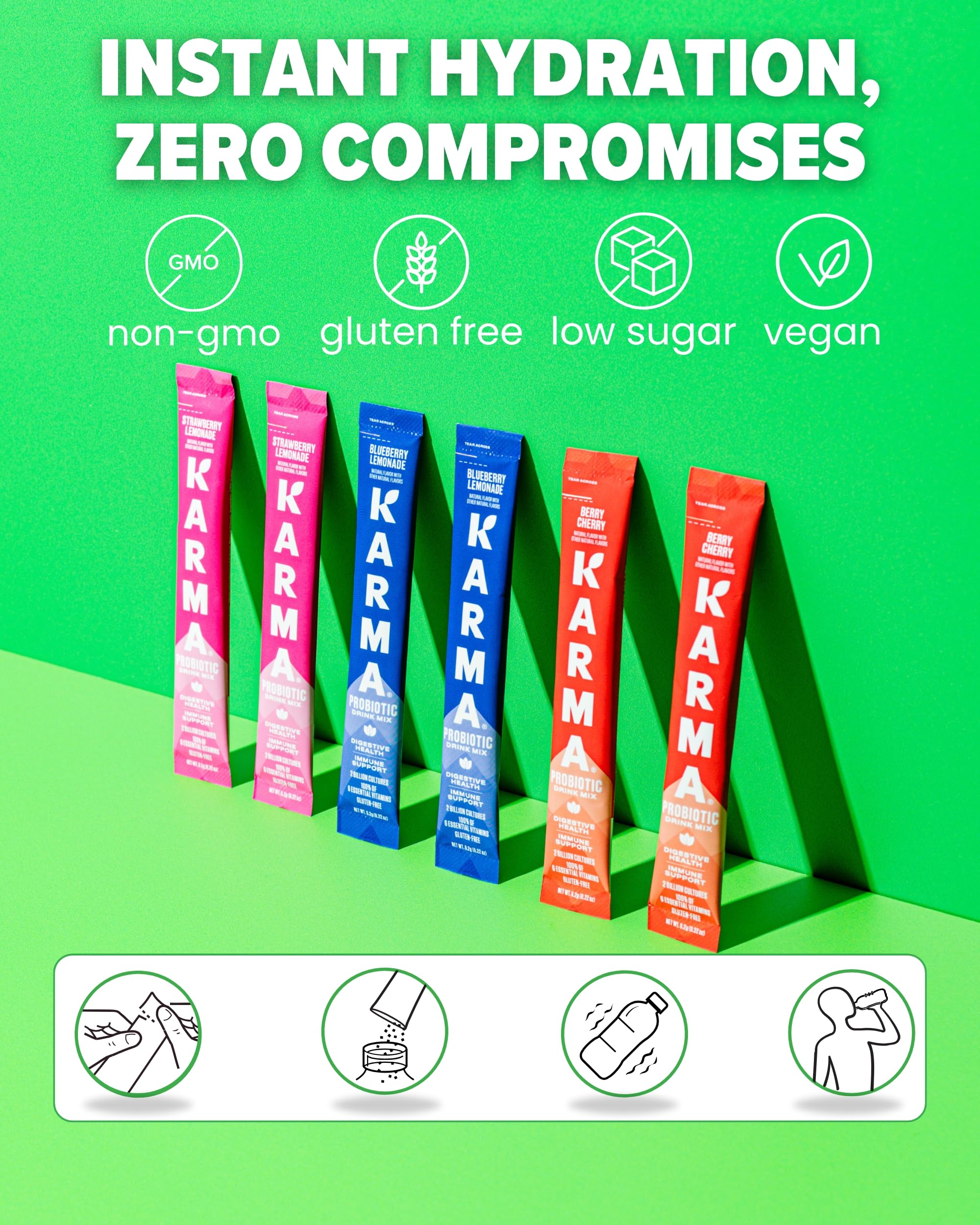 Karma Probiotic Hydration Stick with Push Cap preserves potency until ready to enjoy.