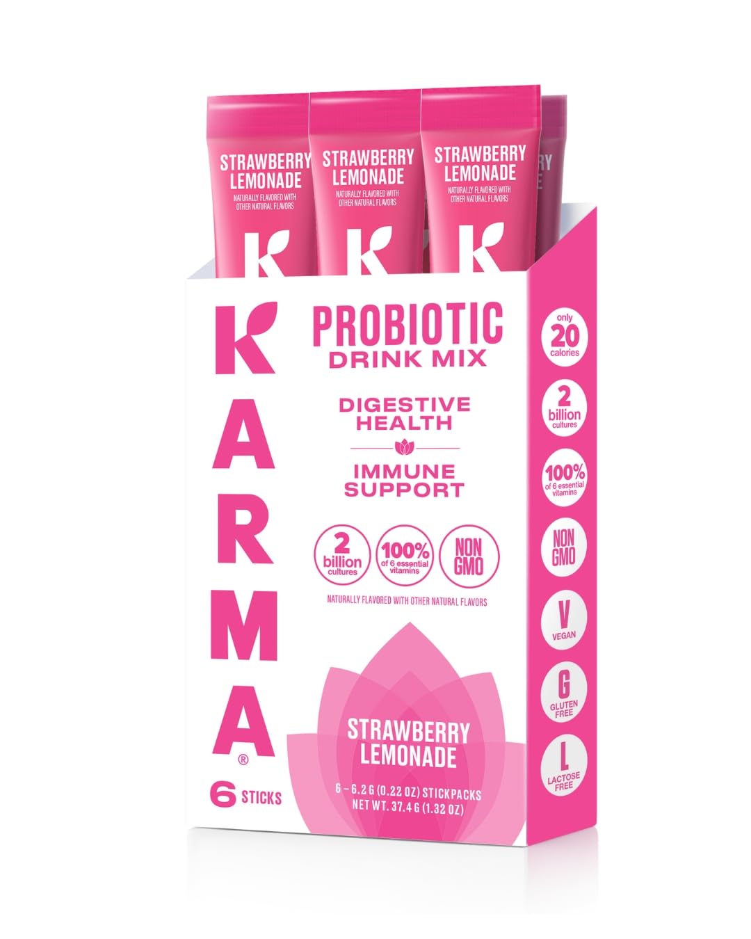 Karma Probiotic Hydration Strawberry Lemonade stick on desk for on-the-go gut support