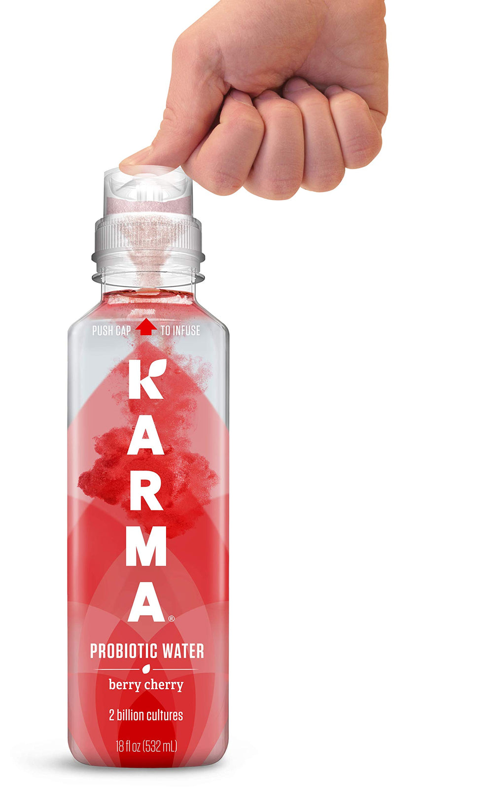 Karma Probiotic Water Berry Cherry bottle side with colorful label