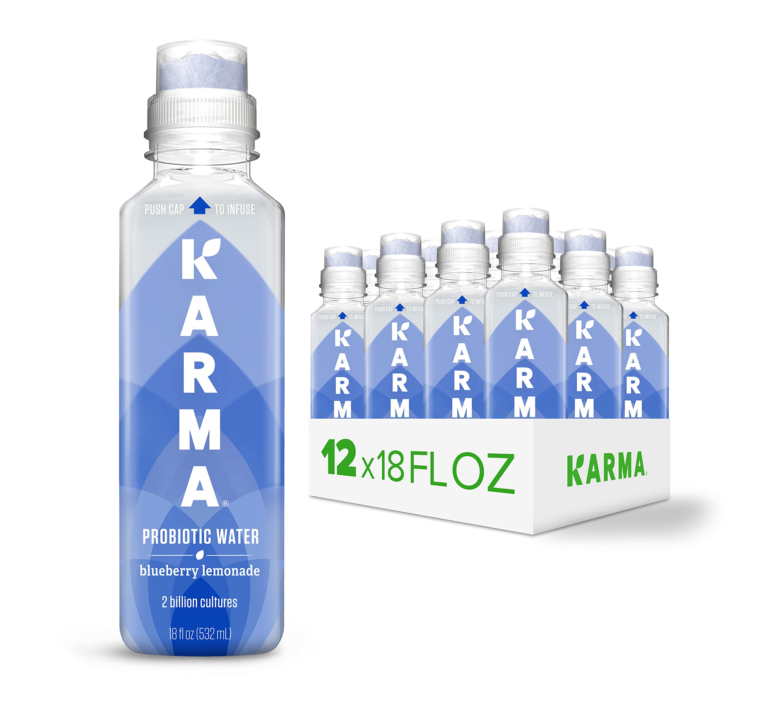 Karma Probiotic Water Blueberry Lemonade bottle front shows refreshing flavor and daily probiotic support.