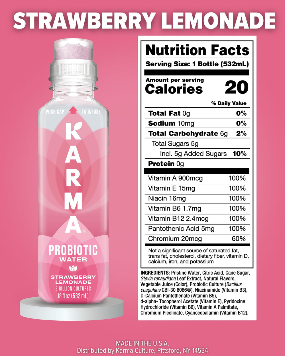 Karma Probiotic Water bottle pour action showcases a refreshing, ready-to-drink probiotic beverage.