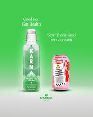Karma Probiotic Water label highlighting BC30 probiotics and vitamins