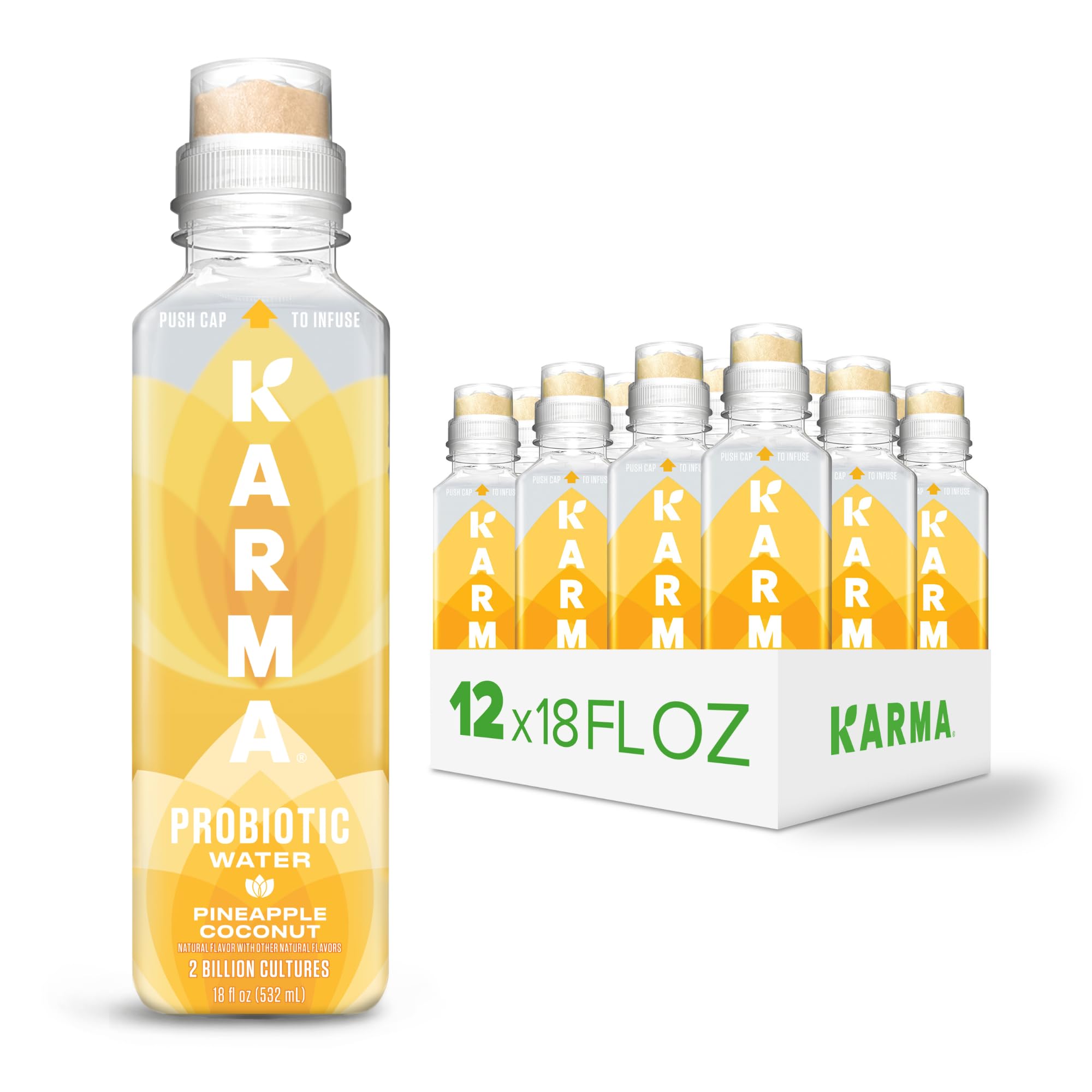 Karma Probiotic Water 12-pack front view for daily gut balance and hydration.