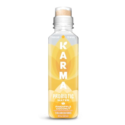 Karma Probiotic Water pineapple coconut bottle label showing flavor and probiotics.
