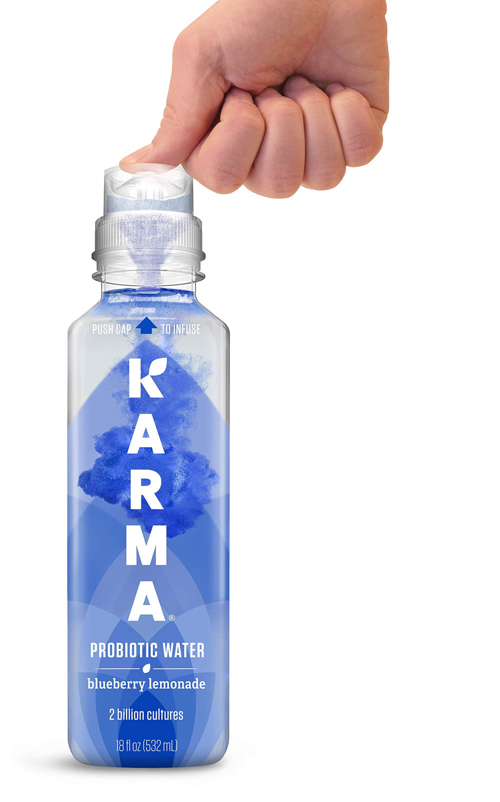 Karma Probiotic Water Push Cap illustrates freshness seal for potent nutrients until opening.