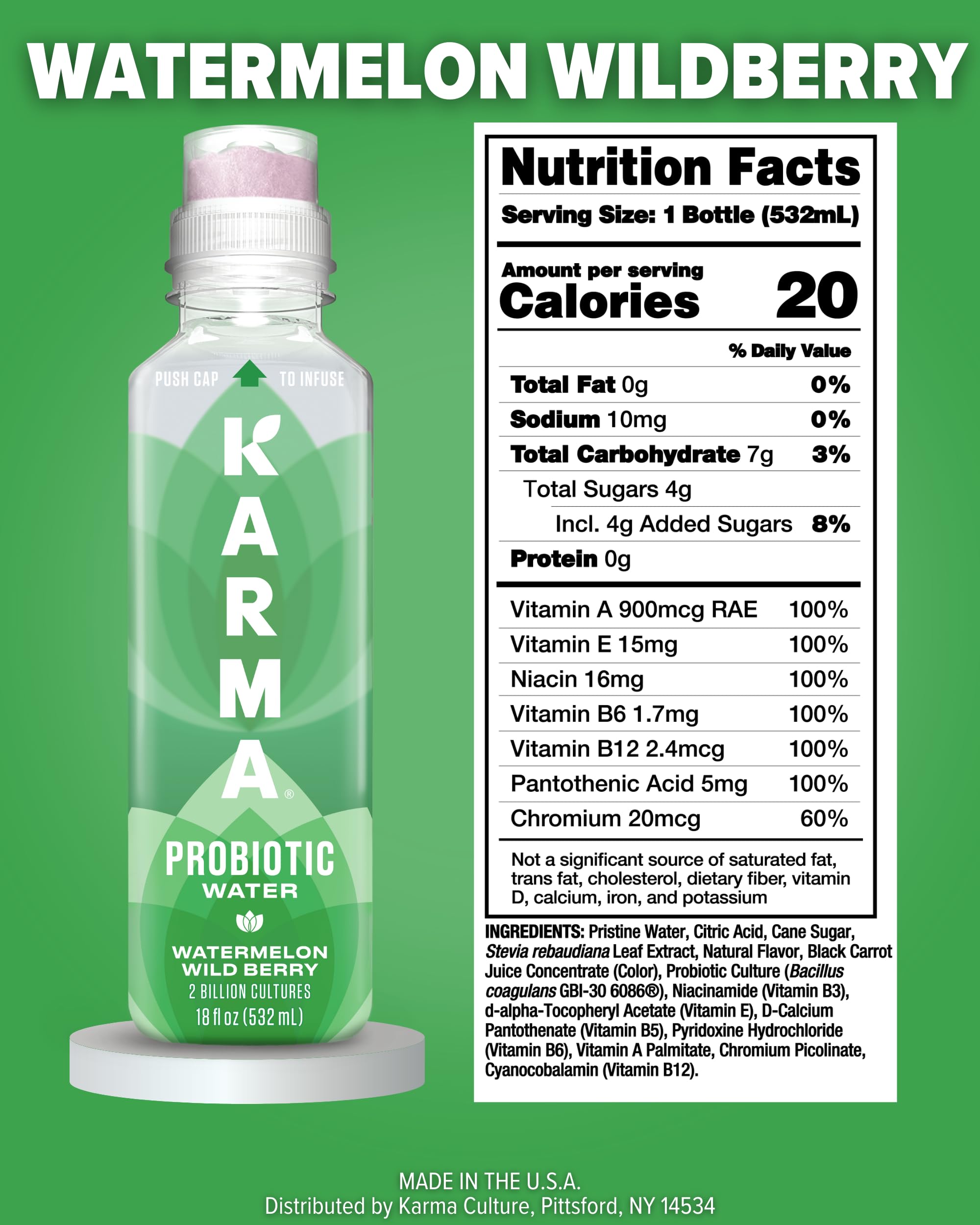 Karma Probiotic Water push cap technology bottle ensures potency until you drink
