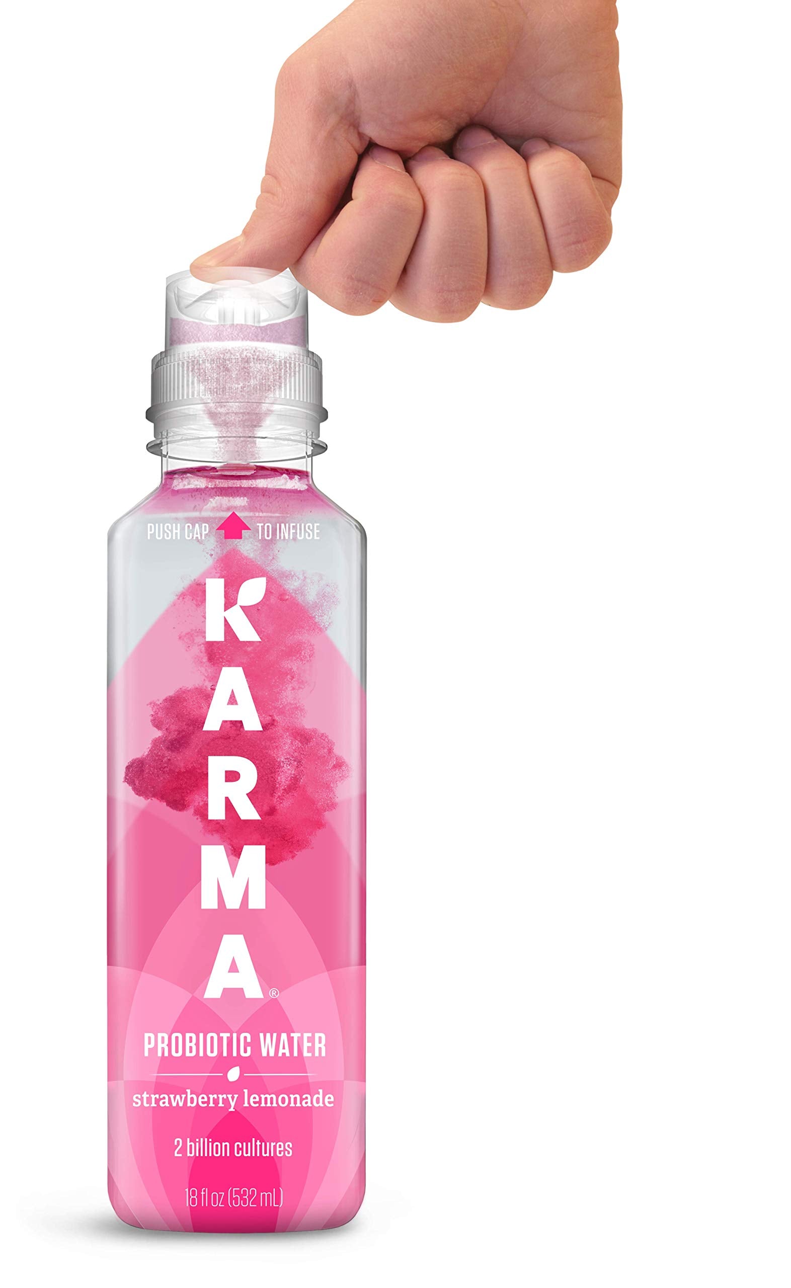 Karma Probiotic Water push-cap technology close-up keeps nutrients potent for on-demand refreshment.